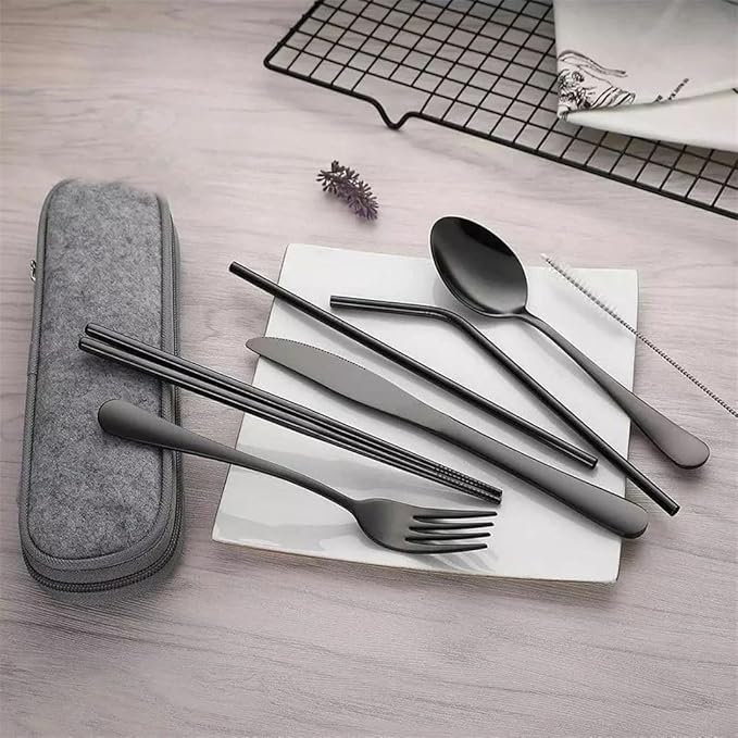 8Pcs Tableware Reusable Travel Cutlery Set Camp Utensils Set with Stainless Steel Spoon Fork Chopsticks Straw Portable Case