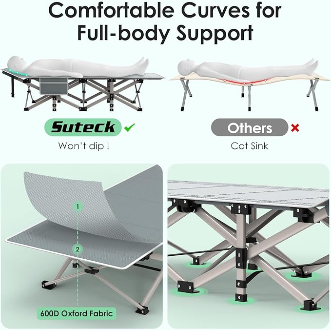 Suteck Camping Cot Folding Camping Cot Bed for Adults Sleeping 1200D Double Layer Oxford Portable Folding Outdoor Cots for Camping W/Soft Pad Carry Bag for Home Office Nap Beach Travel 500LBSGrey