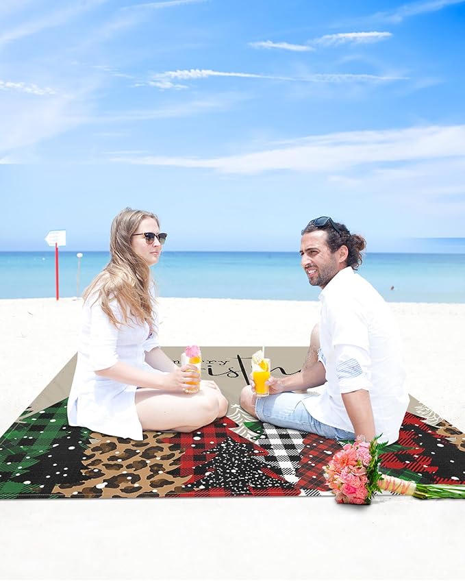 Beach Blanket Waterproof Sandproof OversizedChristmas Tree Red Black Buffalo Plaid Beach Mat with Corner Stakes Sand PocketsWatercolor Leopard Xmas Trees Outdoor Picnic Mat for Travel 83x79In