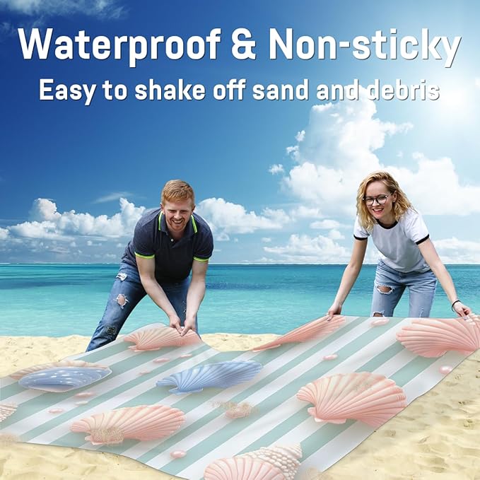 Waterproof Sandproof Beach Blanket 59''×68'' Ocean Scallop Decoration Polyester Outdoor Picnic Blanket with 4 Stakes &amp Storage Bag for BeachCampingVacation