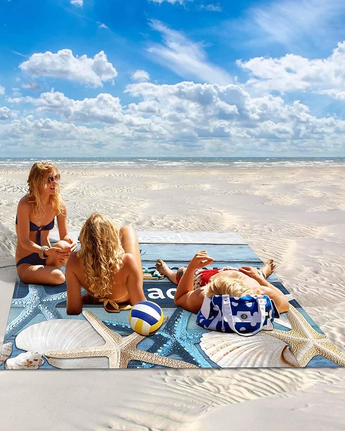 Beach Blanket Waterproof Sandproof Picnic Blanket 83x79 Foldable Beach Mat with Starfish Farmhouse Shell Country Wood Grain Ocean Pattern for Camping Park Grass Beach Travel