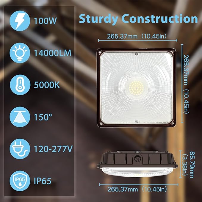 HYPERLITE 100W Canopy LED Lights: 14000LM 2-Pack IP65 Commercial Gas Station Lighting - Square Aluminum Industrial Heat Dissipation for Parking Garage Carport
