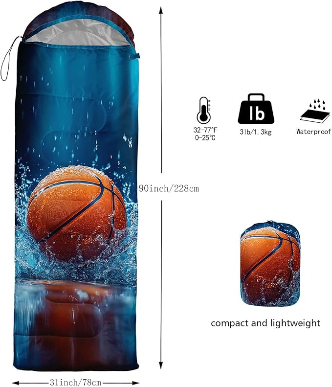 Kids Sleeping Bag for Boys Girls3D Basketball Print-Lightweight Warm Portable Outdoor Indoor-Waterproof Cold Weather Resistant Sleeping Bag for Camping Hiking