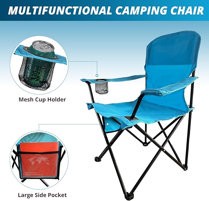 2PCS SAILARY Folding Outdoor Beach Camp Chair with Cup Holder Storage Pocket Waterproof Bag Outdoor Arm Chair Supports 225LBS Blue