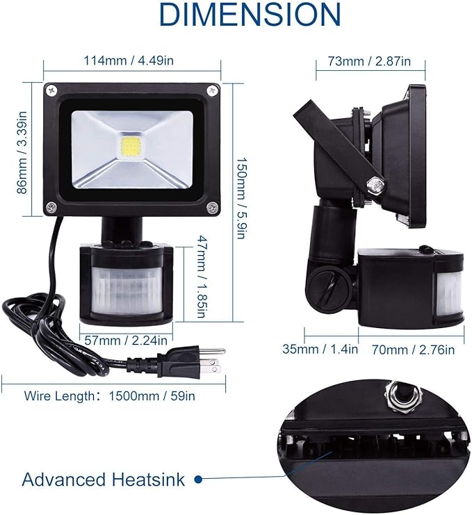 Z Motion Sensor Flood Lights Outdoor10W Induction LED Lamp IP65 Waterproof Spotlight6500K LED Sensor LightSecurity Light with US 3-Plug (Daylight White-Black)