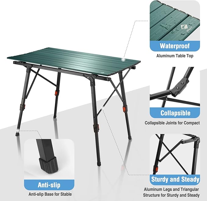 VILLEY Portable Camping Table with Adjustable Legs Lightweight Aluminum Folding Beach Table with Carrying Bag for Outdoor Cooking Picnic Beach Backyards BBQ and Party