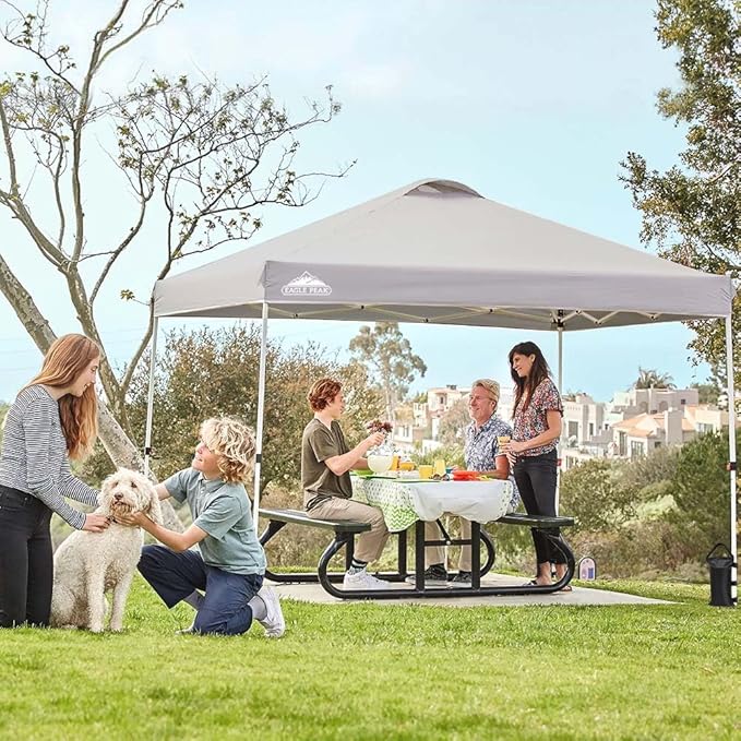 EAGLE PEAK Pop Up Canopy Tent with Wheeled Carry Bag 8 Stakes 4 Ropes 4 Weight Bags Easy Set Up Tent Canopy 10x10 ft 100sqft of Shade Light Gray