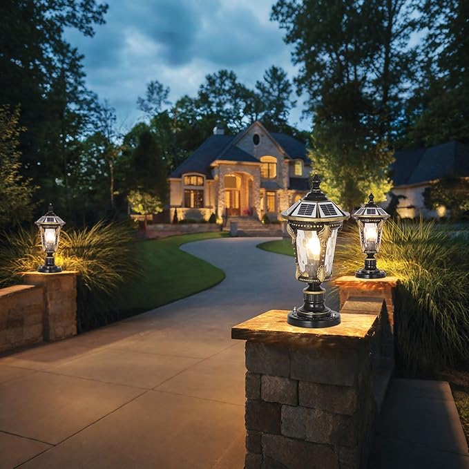 Solar Post Caps Lights for Outdoor 19.29In Black Pillar Lamps with Remote Control Column Lights Waterproof Landscape Pathway Lighting Exterior Fence Deck Caps Lanterns Gate Yard Mailbox Pier Lamps