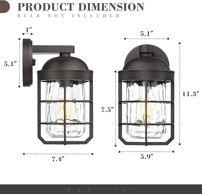 Emliviar Retro Wall Lamp Wall Mounted for House Medium 1-Light Exterior Wall Lighting with Metal Cage Oil Rubbed Bronze with Water Ripple Glass Shade GE255BL ORB-WG