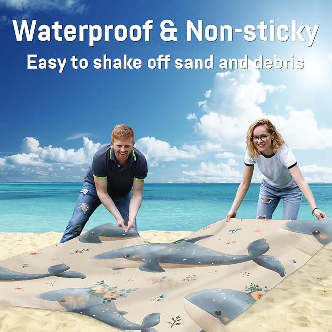 Waterproof Sandproof Beach Blanket 59''×68'' Ocean Whales Polyester Outdoor Picnic Blanket with 4 Stakes &amp Storage Bag for BeachCampingVacation Beige