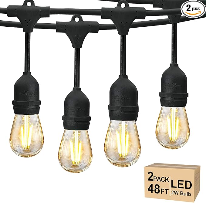Svater 96 FT Outdoor String Lights 2W Patio Light for Outside with 32 Antique S14 Plastic LED Bulbs IP65 Waterproof Hanging Cafe Market Lighting ETL-Listed Dimmable Warm White 2700K (48 FT x 2)