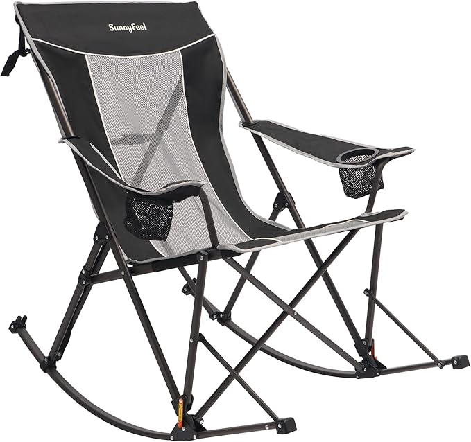 SUNNYFEEL Oversized Folding Rocking Camping Chair with Buckle Design Outdoor Rocker High Back Lawn Camp Rocker Chair with Cup Holder Heavy Duty 500 LBS for Outdoor/Camping/Lounge/Patio with Carry Bag