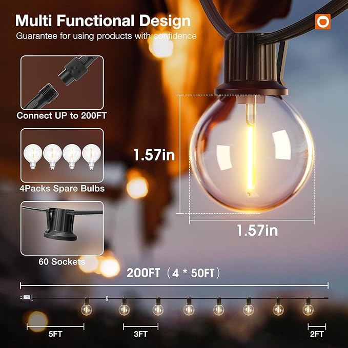 addlon 200FT Outdoor String Lights G40 with Remote Control Dimmable Patio Globe LED Lights Waterproof Shatterproof Hanging Outside Lighting for Backyard Garden Deck Balcony Porch Café Bristo