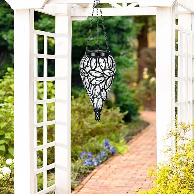 SUNNYPARK Outdoor Plastic Solar Hanging Lantern 15 Cool White LEDs Twinkle Effect Tear-Shaped Hanging Lantern Decor Garden Decorative Solar Lights for Backyard Patio and Lawn