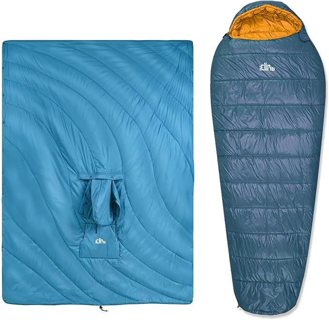 iClimb 1 Hooded 3M Thinsulate Insulation Warm Blanket and 1 3M Thinsulate Insulation Sleeping Bag Ultralight Compact for Adults Outdoor Camping Backpacking Hiking