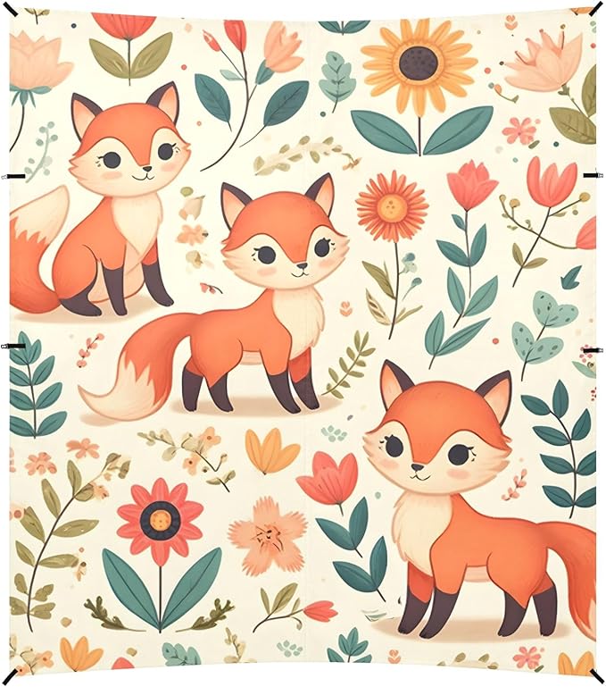 Cute Foxies and Floral Elements Camping Sun Shelter Beach Tent Portable Beach Sun Shade Outdoor Canopy for Camping Trips Fishing Picnic