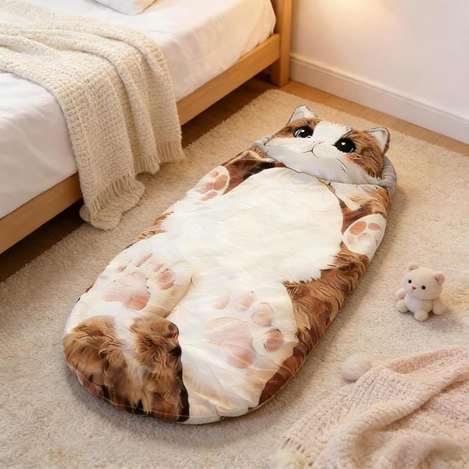 Fluffy Cat Sleeping Bag for Adults Soft Cozy Plush Cat Print Envelope Sleeping Bag for Human 68.89 inch Washable Warm Blanket for Camping Travel and Sleepovers Home