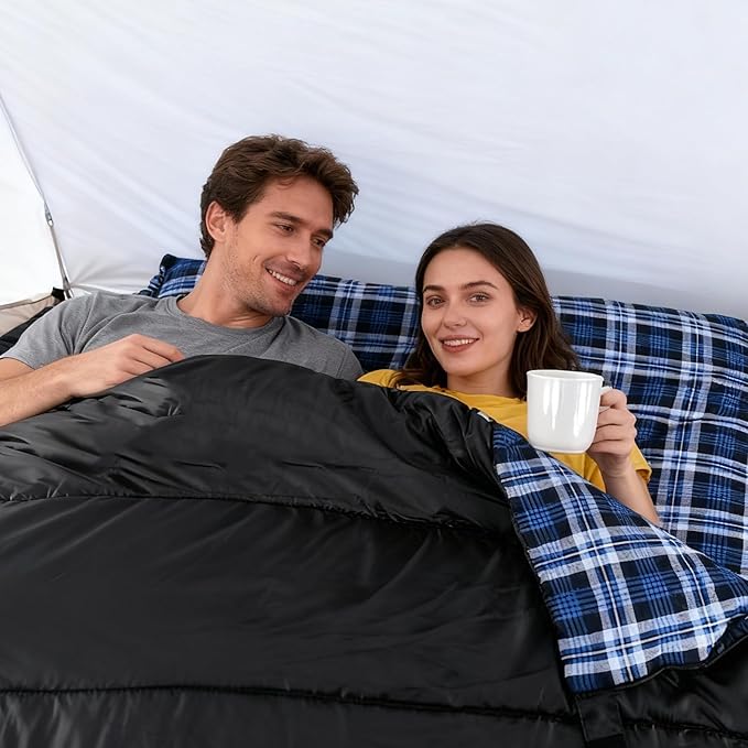 Double Sleeping Bag Cotton Flannel for Camping Backpacking Or Hiking. Queen Size 2 Person Waterproof Sleeping Bag for Adults Or Teens. Lightweight with Compression Sack