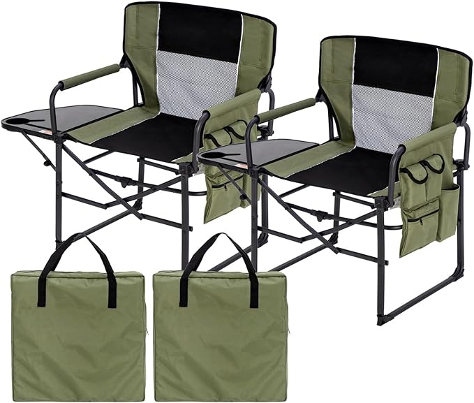 Wide Folding Director Chair with Table Outdoor Camping Chair for Adults with Cup Holder Load 330 Lbs Portable Lightweight Chair for Outside with Carry Bag for Patio Green-2Pack