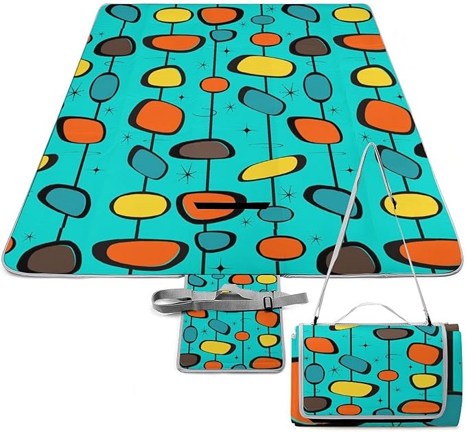 Mid Century Modern Atomic Turquoise Waterproof Outdoor Picnic Blanket Sandproof Beach Mat for Camping Hiking Grass Travelling