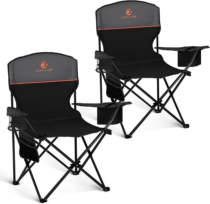 ALPHA CAMP Camping Chair 2 Pack Portable Chair with 3-Can Cooler Folding Chair with Side Pocket and Cup Holder Collapsible for Camping Tailgates Beach Fishing and Sports2PC