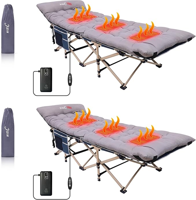 Nice C Heated Cot with Battery Heated Camping Cots with Cushion Folding Cots with Mattress for Adults with Pillow Carry Bag &amp Storage Pocket Extra Wide Sturdy Up to 500 Lbs (2 Pack Grey)