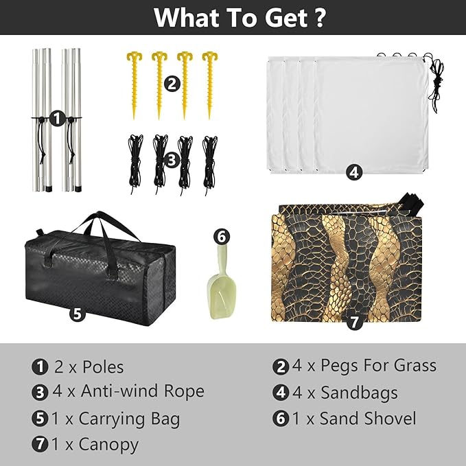 ALAZA Golden Snake Skin Print Beach Tent Sun Shelter UPF50+ Protection Beach Shade Canopy w/ 4 Sandbags for Outdoor Camping Fishing Backyard Fun Picnic 10x9 ft