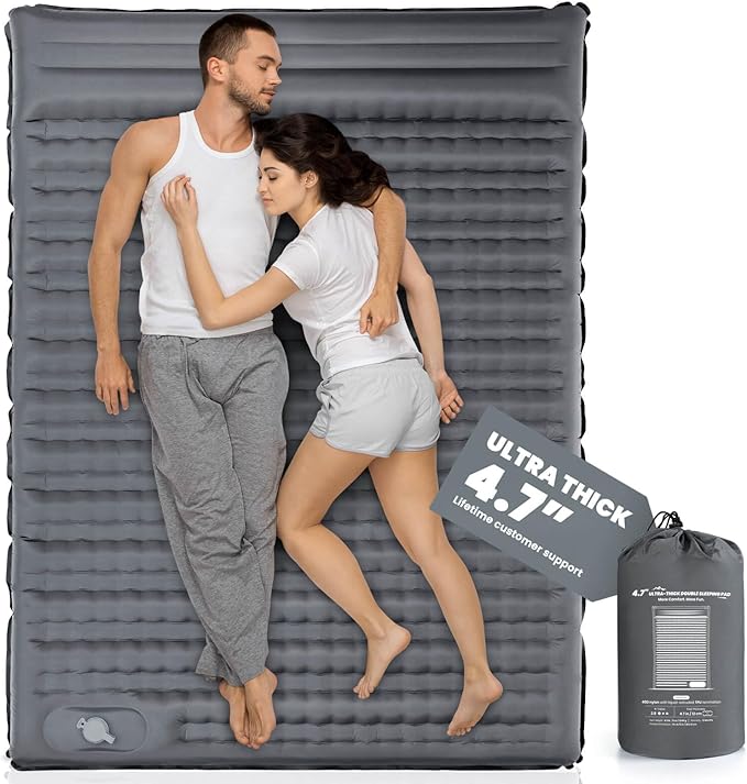 Double Sleeping Pad 4.7“ Ultra-Thick Camping Mattress 2 Person for Backpacking Hiking(Grey)
