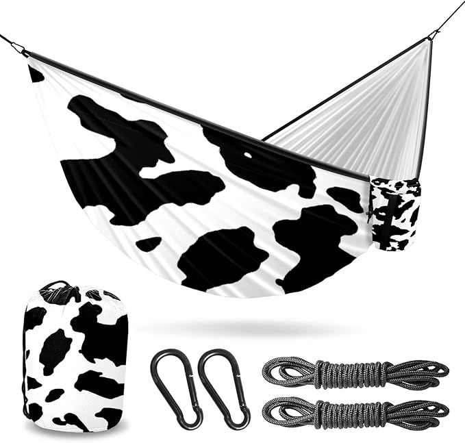 Outdoor Camping Hammock Cow Print Pattern Double Single Hammocks with 2 Tree Straps Lightweight Portable Heavy Duty Nylon Hammocks for Backpacking Travel Beach Backyard Patio Hiking