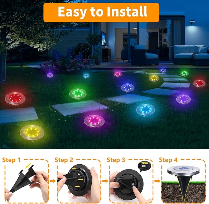 LYHOPE Solar Ground Light Outdoor 16 Pack 8 LED Color Changing Solar Disk Lights Waterproof Garden In-ground Pathway Lights Landscape Lighting for LawnYardDeckPatioWalkway (RGB)