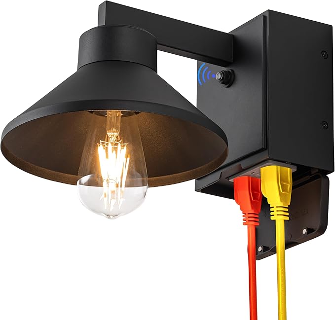 Dusk to Dawn Outdoor Barn Light Fixture with GFCI Outlet Powder-coated Black Waterproof Exterior Wall Light Sconce Photocell Sensor Porch Light Wall Mount with OutletModern Farmhouse Outside Lights