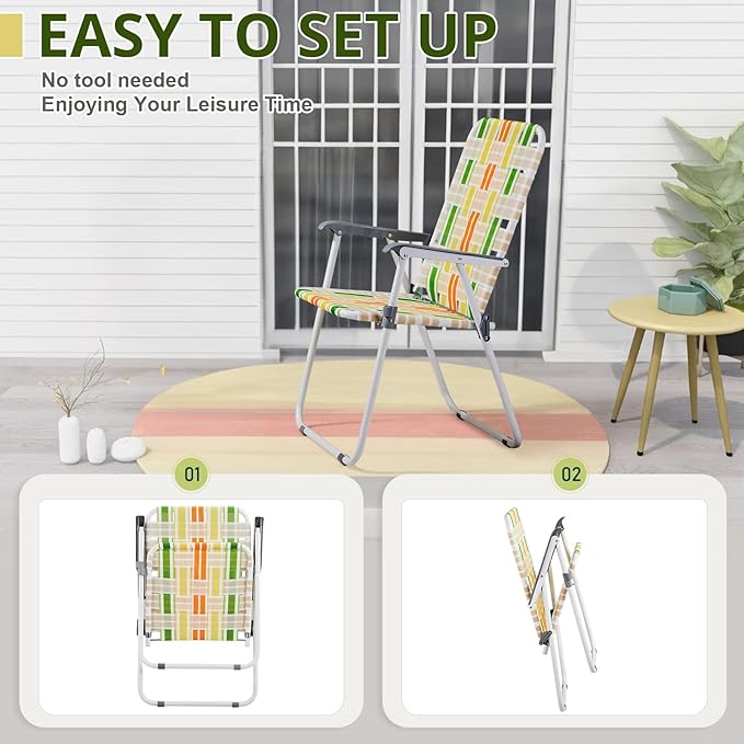 Bonnlo Foldable Patio Chair Set of 2 Heavy-Duty Steel Frame Supports 265 lbs/120 kg Ultra-Lightweight Portable for Travel Poolside Camping Beach (Green and Yellow Crisscross Weave)