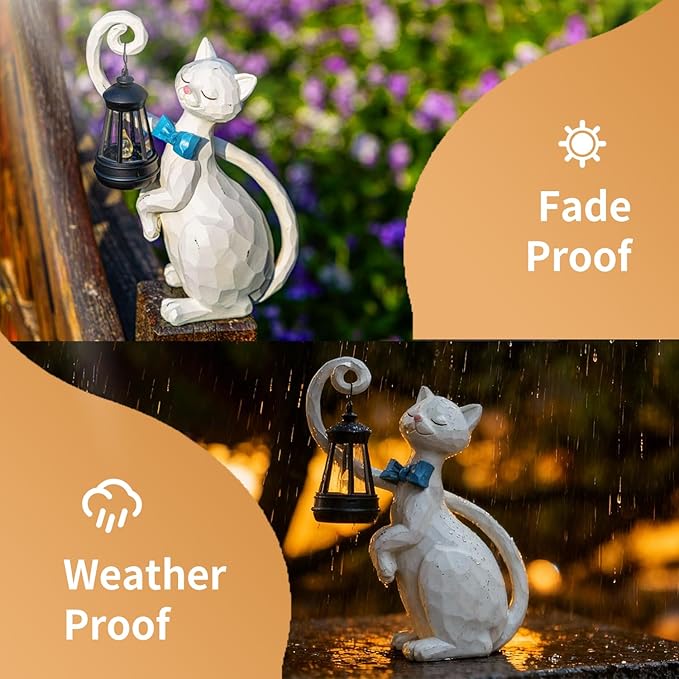 WHIMSYNOOK 10.7 White Cat Solar Garden Light Statue – Outdoor Garden &amp Yard Decor LED Lantern Gift for Cat Lovers