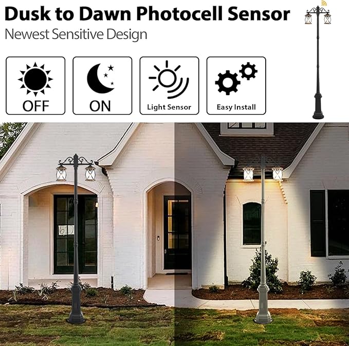 Dusk to Dawn Outdoor Lamp Post Lights with GFCI OutletDouble-Head Farmhouse Street Light FixtureAluminum Black Pole Exterior Lights Waterproof Lantern Outdoor Lighting (Heighten)