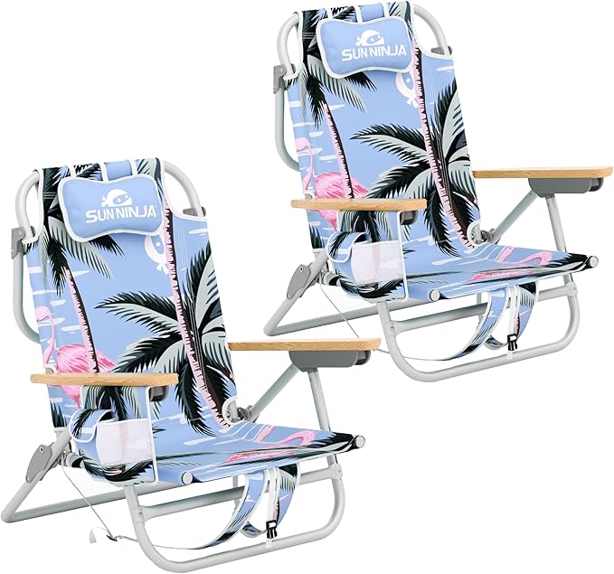 SUN NINJA Beach Chair – Folding Chair for Beach with 5 Reclining Positions Cup &amp Phone Holder Insulated Back Storage Pouch Portable Lightweight Aluminum Frame - Flamingo 2pc