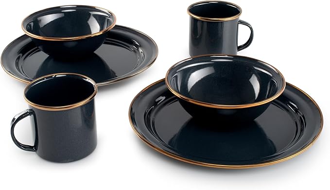 GSI Outdoors Mesa 2-Person Enamelware Dining Set 6-Pieces – Shadow with Bronze-Finished Stainless Steel Rim Dishwasher Safe