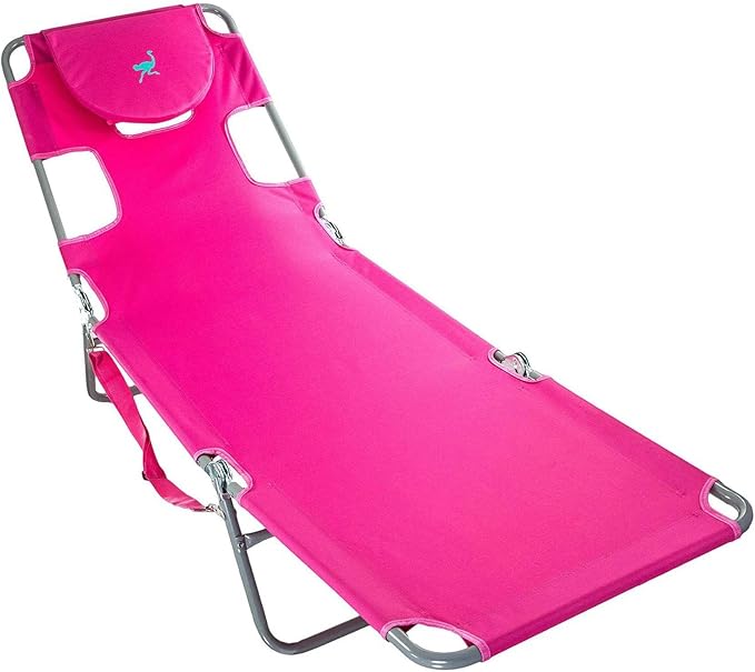Ostrich Portable Deluxe 3-in-1 Padded Sports Chair w/5 Positions and Footrest &amp Chaise Lounge Folding Steel Frame Beach Chair w/4 Positions Pink