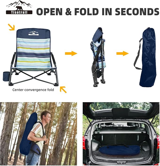 Portable Beach Chair for Adults Low Back Sling Chair with Cup Holder Folding Sand Chair Lightweight Lawn Chair for Beach Lawn Camping Concert Travel Supports 300lbs