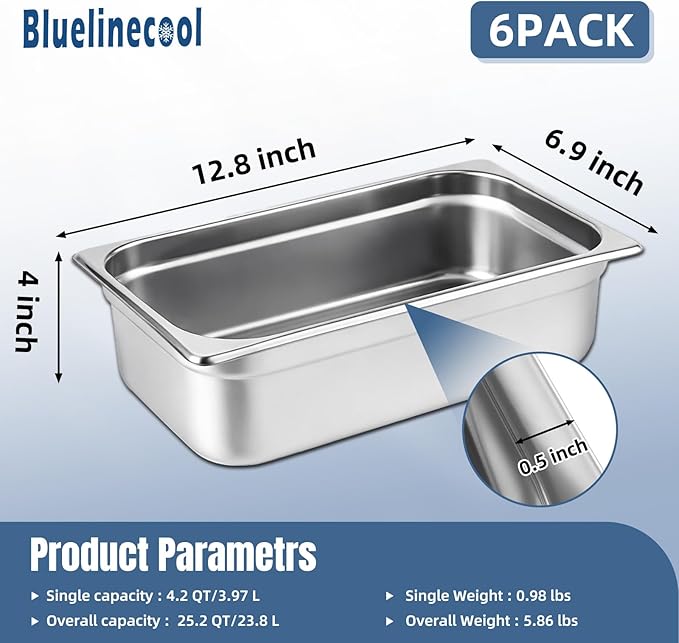 6 Pack 1/3 Size Steam Table Pan Set4 Deep Hotel Pans Anti Jam Stainless Steel Food Pan for RestaurantsCateringHotel BuffetHomeParty