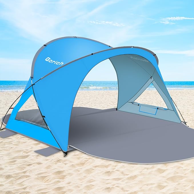Gorich Beach Tent Sun Shelter with 2 Doors for 4 People &amp A Set of Extra Beach Tent Poles for Replacement (4 People SkyBlue)