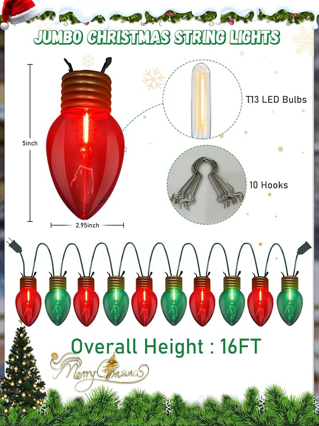 SUNSGNE Red and Green Giant Christmas Lights 16FT Red and Green LED Christmas Lights with 10 Count 5'' Clear Glossy LED Bulbs for Xmas Roofline Patio Backyard Decorations