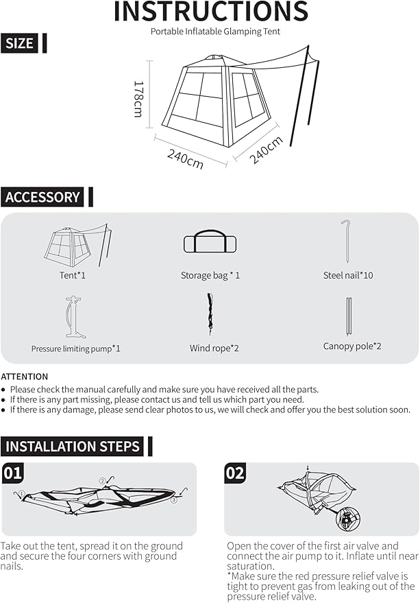 Inflatable Camping Tent with Manual Pump 4-Season Waterproof Windproof Luxury Glamping Tent Easy Setup Blow Up Tent with Mesh Windows Portable Outdoor House Tent for Family Camping