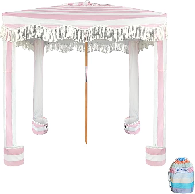 AMMSUN Beach Cabana with Beach Blanket 6.5' x 6.5' Boho Canopy with Tassels Premium Wood Pole Fringe Cabana Tent with Sand Pockets Instant Sun Shade for Sand Garden Outdoor Rose Pink Stripes