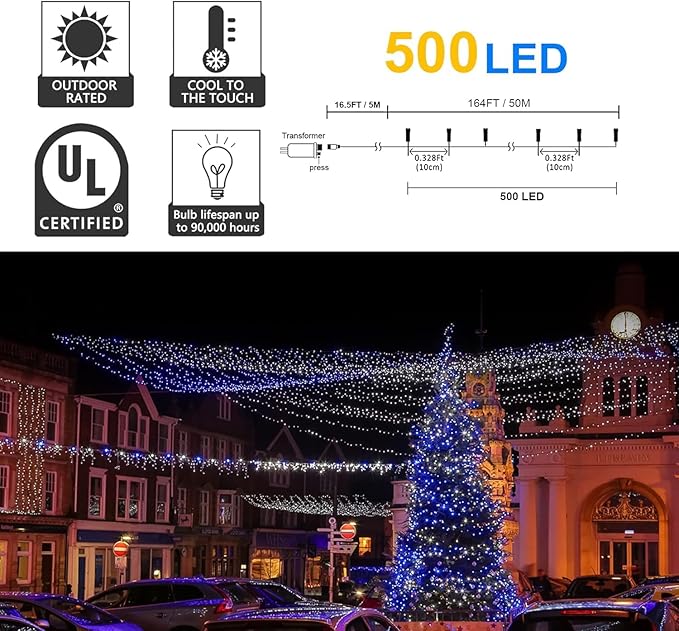 kemooie 500 LED Blue and White Christmas Lights 164FT 8 Lighting Mode with Memory Plug in Christmas Tree Lights for Outdoor Birthday Christmas Party Garden Balcony Decorations (Blue and White)