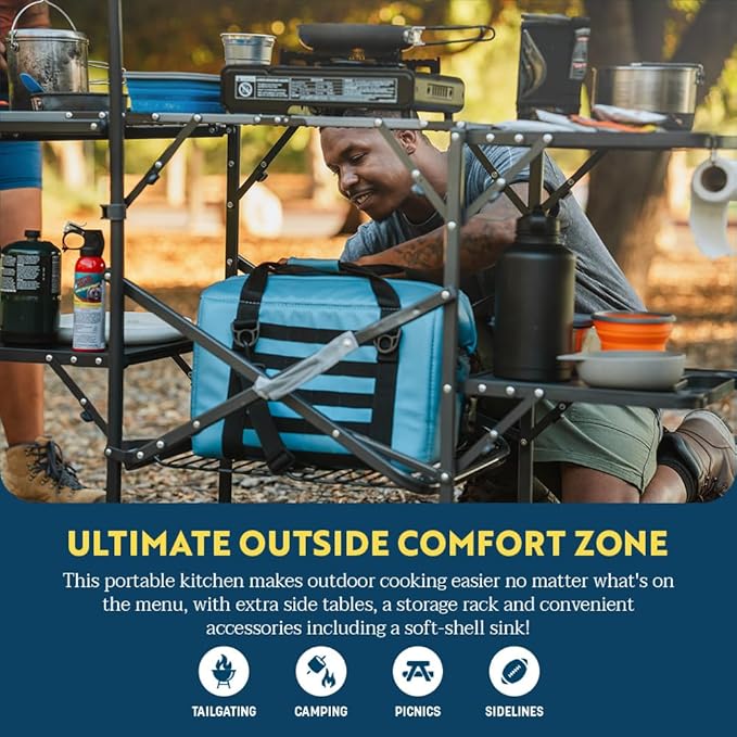 GCI OUTDOOR Master Cook Station | Portable Folding Kitchen Table with Soft Shell Sink Heat Resistant Tabletop &amp Telescoping Lanter Pole Perfect for Camping Trips