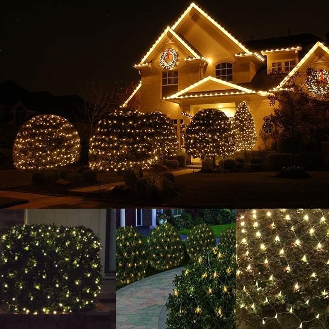 LED Christmas Net Lights Outdoor Decorations for Bushes144LED 6ftx6ft Connectable Green Wire Net Christmas Lights for Outdoor Indoor Yard Mesh Shrub Tree DecorUL Certified(Warm White)