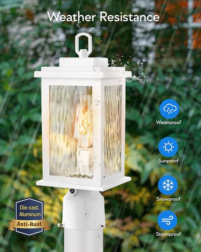 VIANIS White Outdoor Post Light Hardwired 120V Dusk to Dawn Light Posts for Outside with Pier Mount Base 100% Aluminum Lamp Posts Outdoor Lighting for Column Mount Light with Tempered Ripple Glass