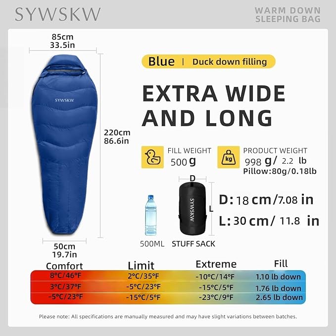 Down Sleeping Bag with Pillow for Backpacking15℉ 5℉ 0℉ Wide Down Sleeping Bag (86.6 in x 33.5 in) for AdultsYouth Camping and Hiking Outdoor with 680FP Duck Down