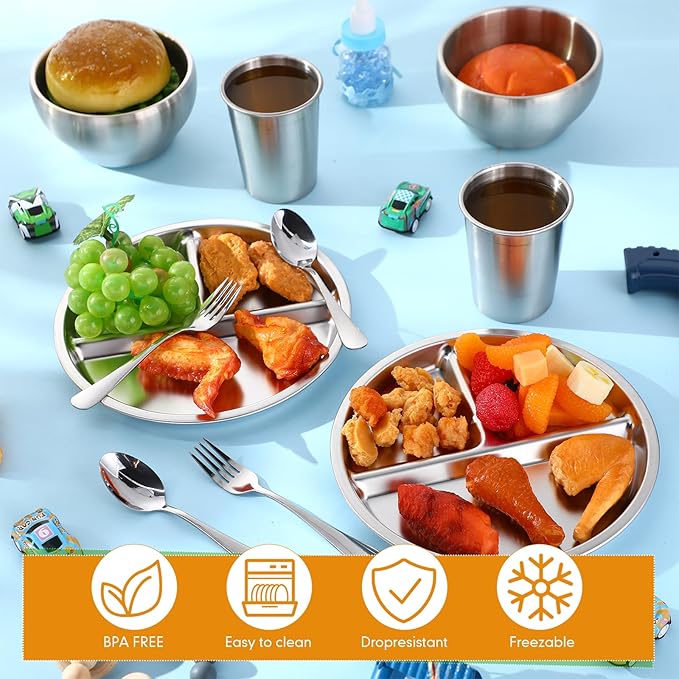 Jinei 30 Pcs Stainless Steel Dishes Set 6 Stainless Steel Plates 6 Bowls 6 Cups 6 Spoons 6 Forks Dishwasher Safe Durable Dining Set for Home Travel Camping (Tableware)