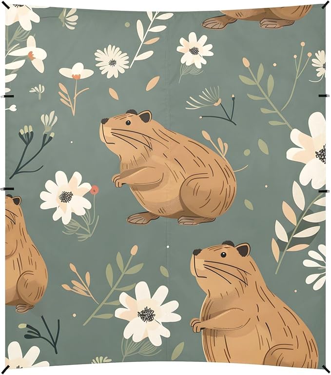 Capybara and White Flowers and Leaves Camping Sun Shelter Beach Tent Portable Beach Sun Shade Outdoor Canopy for Camping Trips Fishing Picnic
